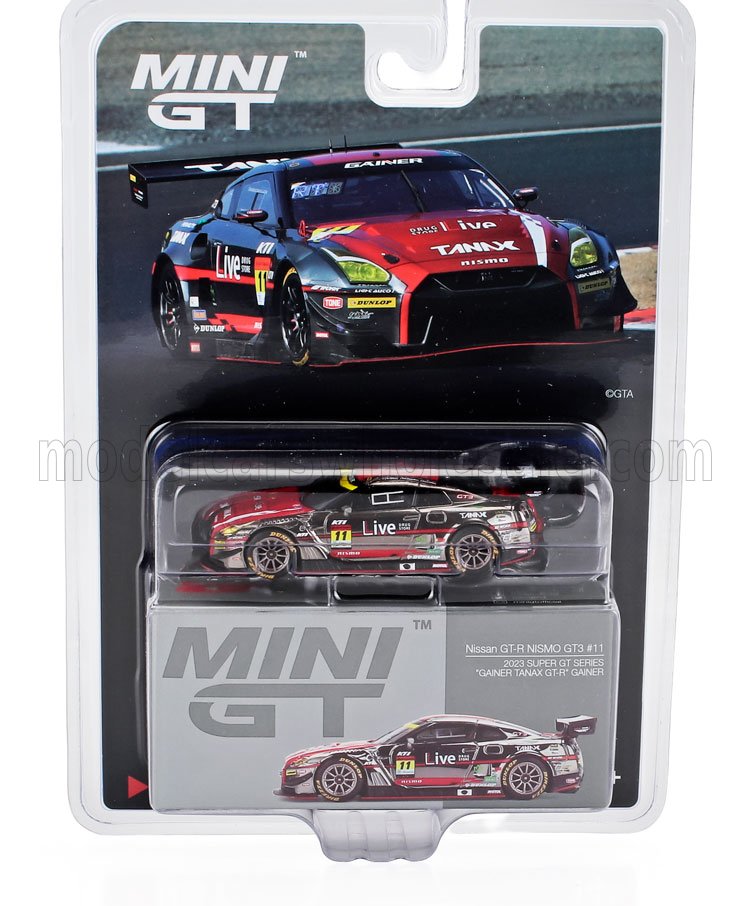 MINI-GT NISSAN  GT-R NISMO TEAM GAINER TANAX N 11 GT300 CLASS SUPER GT 2023 RYUICHIRO TOMITA - KEISHI ISHIKAWA - YUSUKE SHIOTSU  RED SILVER GREY 1/64