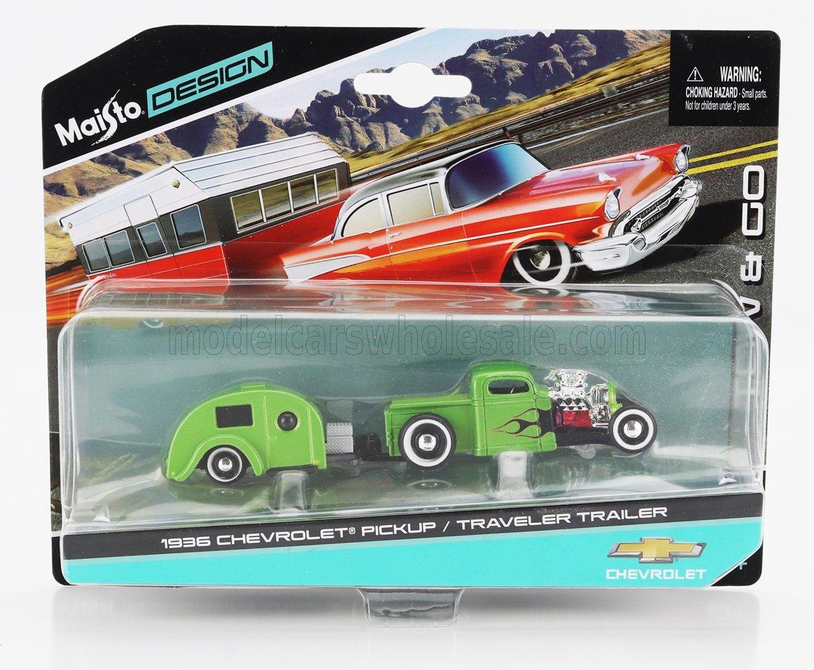 MAISTO CHEVROLET  PICK-UP 1936 WITH TRAVELER TRAILER ROULOTTE CUSTOM 1936  GREEN BLACK 1/64