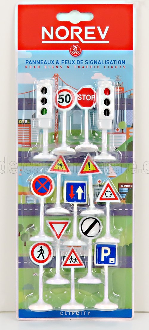 NOREV ACCESSORIES  SEGNALI STRADALI + SEMAFORO ROSSO E VERDE - TRAFFIC SIGNS CM. 5.5 - GREEN AND RED TRAFFIC-LIGHTS CM. 6.8  WHITE 1/43